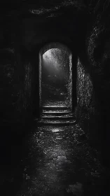 Dark stone tunnel framing distant light through archway.