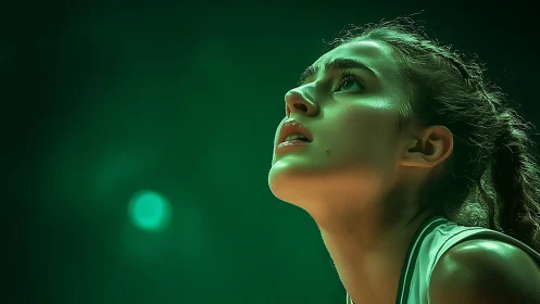 Courtside glow on a focused young athlete in green light.