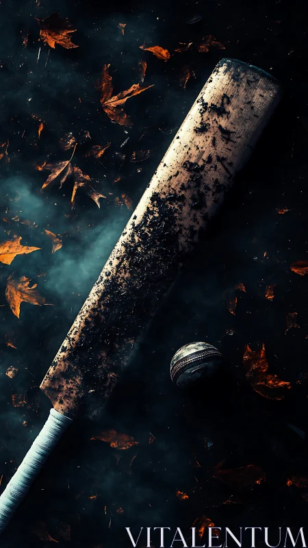 Cricket bat and ball lie on dark ground with scattered leaves