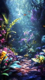 Luminous forest path winds through dense flowers and foliage