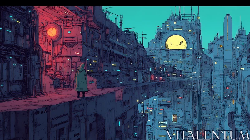 Solitary observer on elevated catwalk in neon cyberpunk megacity