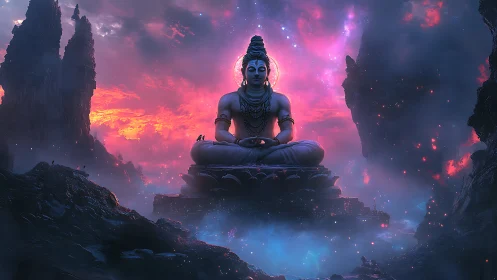 Serene cosmic deity in glowing sunset mountain sanctuary.