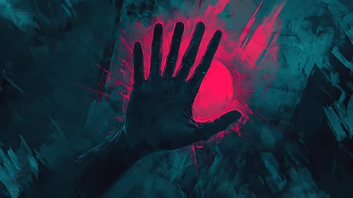 Outstretched hand silhouette against neon crimson energy sphere.