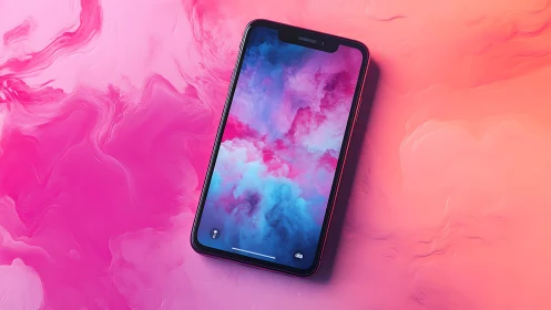 Edge-lit smartphone on neon magenta fluid gradient surface.
