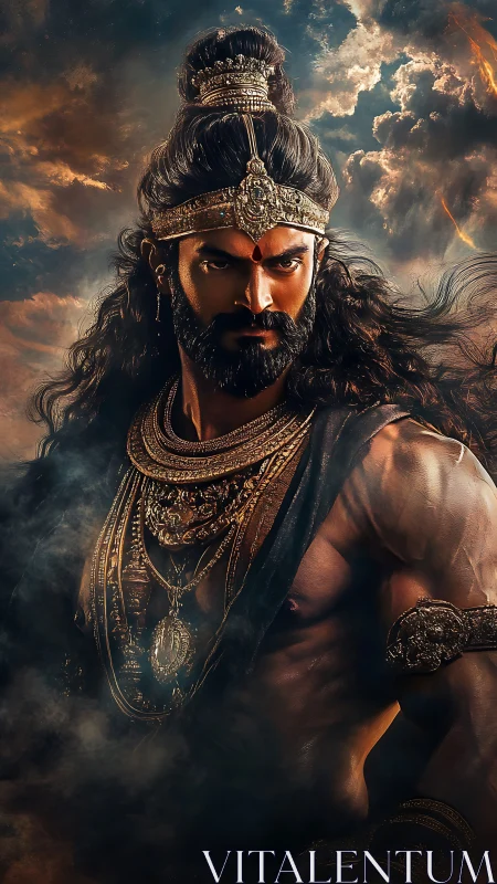 Storm-lit warrior prince crowned in mythic gold armor.