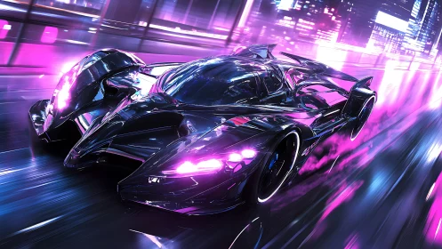 Neon hypercar cuts chrome reflections through cyber cityscape.