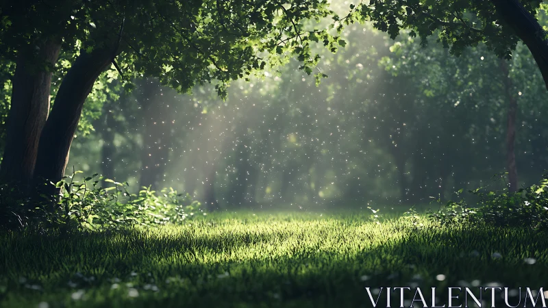 Forest clearing illuminated by volumetric light rays through canopy.