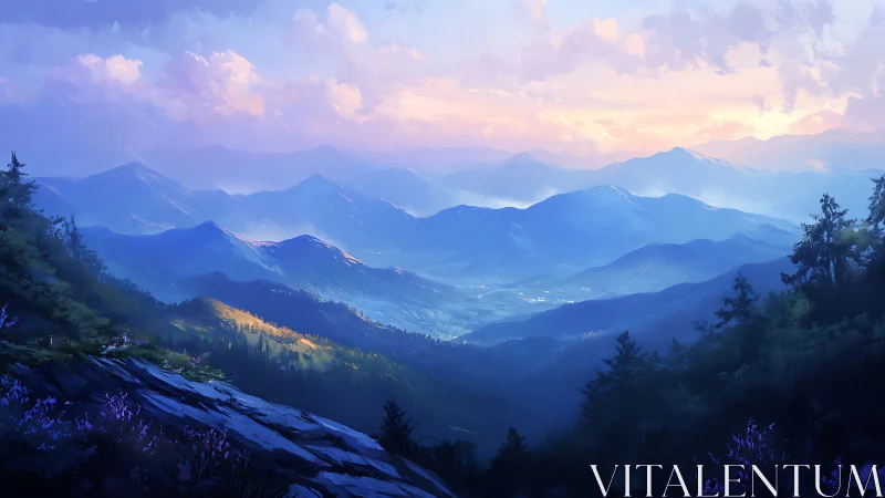 Soft dawn light rolls gently across peaceful blue mountains