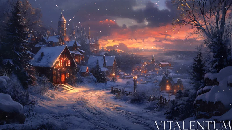 Snowlit village path glowing under a storybook sunset.