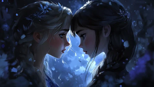 Snowlit sisters in intimate winter night embrace.