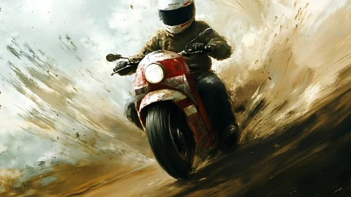 Motorcyclist on red bike traversing dirt spray field.