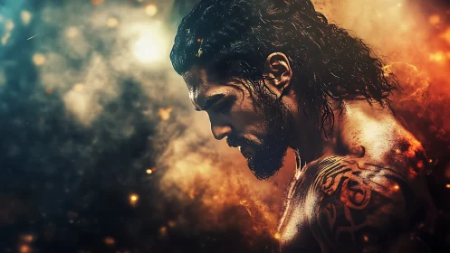 Male profile with tribal tattoo in fiery atmospheric lighting.