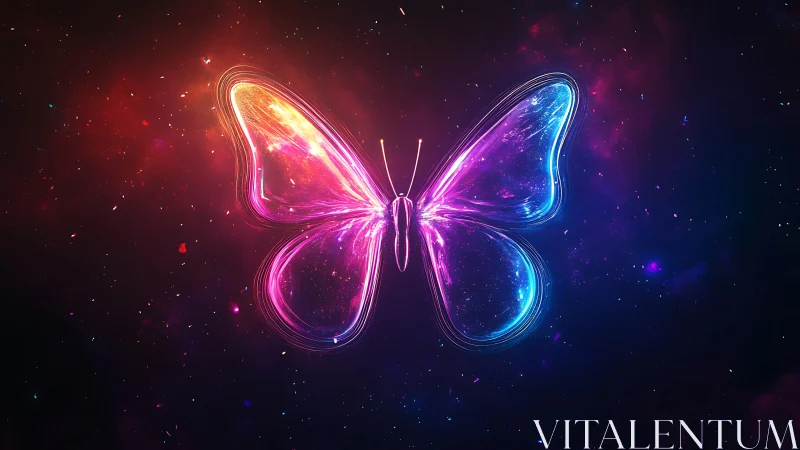 Neon butterfly silhouette in glowing cosmic space.