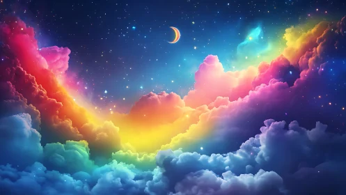 Dreamy rainbow clouds embrace a crescent moonlit sky.