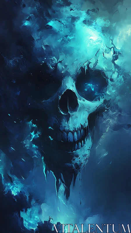Luminous ethereal skull emerging from turbulent cyan nebula