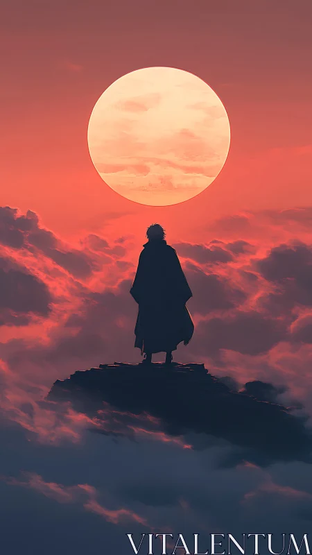 Cloaked wanderer greeting an enormous cloud-washed sun.