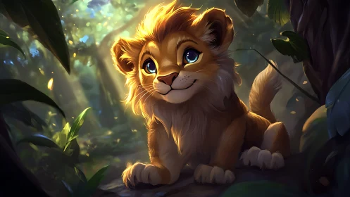 Young lion cub sits in glowing forest clearing light