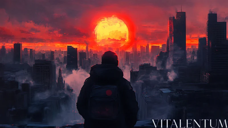 Wanderer greeting a blazing sunset above the city.