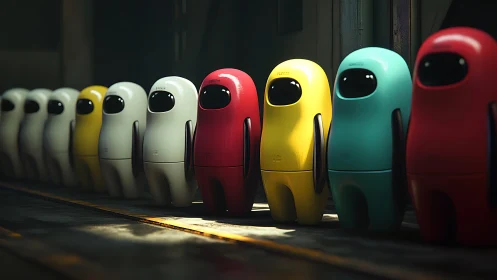 Colorful stylized robots aligned in moody workshop.