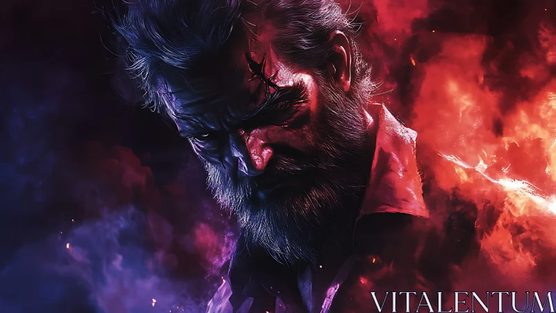 Scorched resolve in crimson storm and violet shadowed smoke.