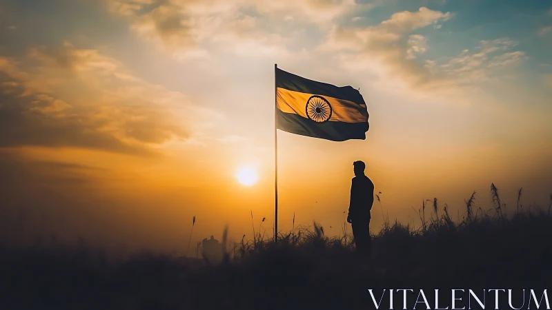 Silhouetted observer under Indian flag at cinematic sunset
