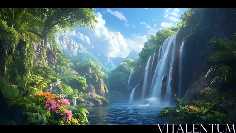 Lush jungle waterfalls cascade into a tranquil blue lagoon.