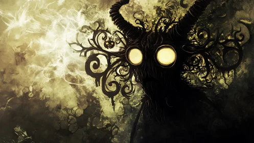Horned shadow creature with glowing eyes dominates dark scene