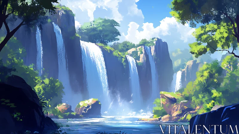Layered riverine waterfalls under volumetric summer light.