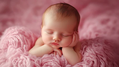 Peacefully Sleeping Infant Nestled in Textured Pink Fabric Composition