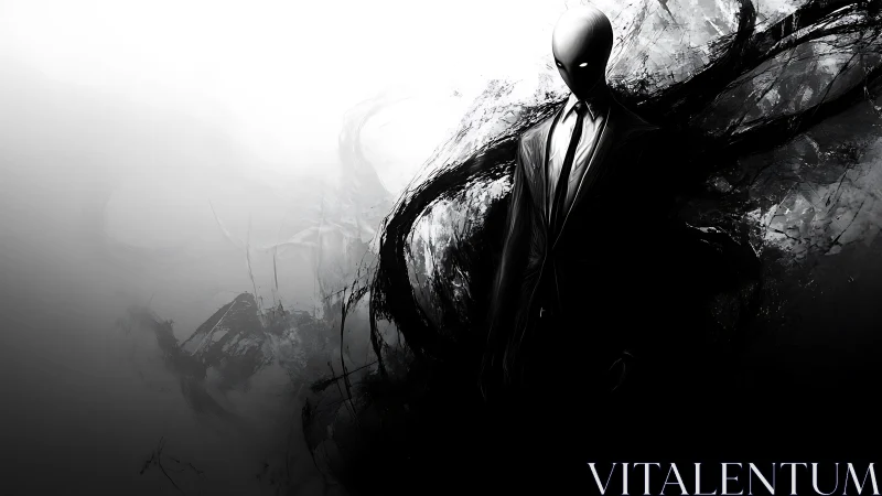 Tall faceless figure in suit emerges from black abstract mass