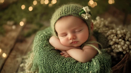 Neonatal Portrait with Sage Knit Wrap and Floral Accents