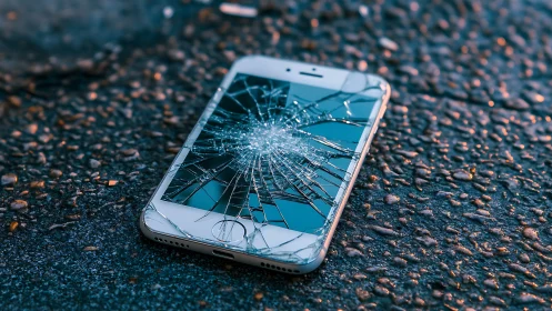 Shattered smartphone resting on pavement with quiet resilience.