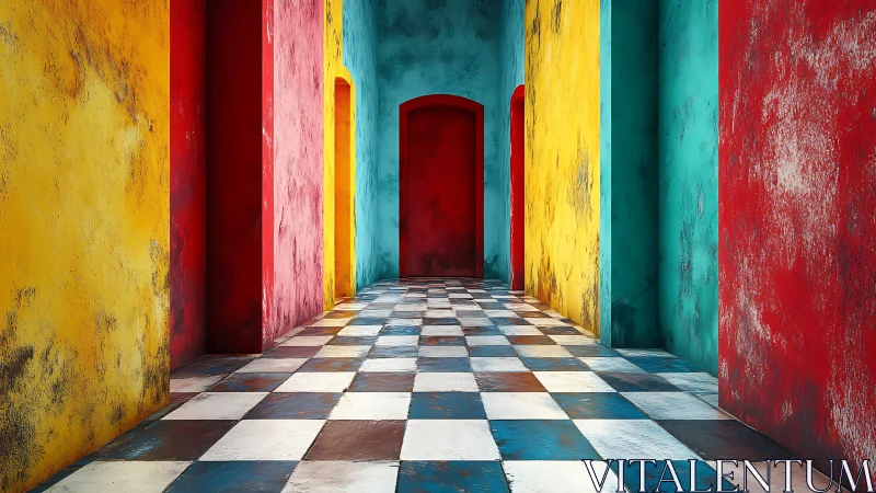 Color-saturated corridor deepens through receding doorways