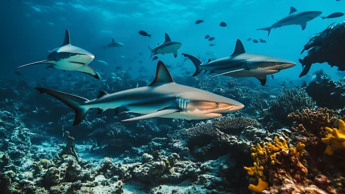 Silver reef patrol glides through coral canyons in formation