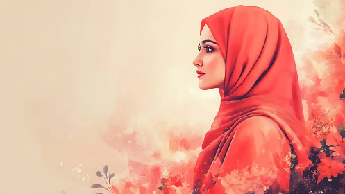 Woman in Red Hijab, Digital Watercolor Art with Floral Accents.