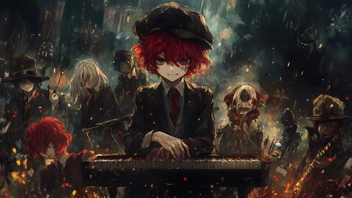 Red haired pianist leads haunted jazz band in rainstorm