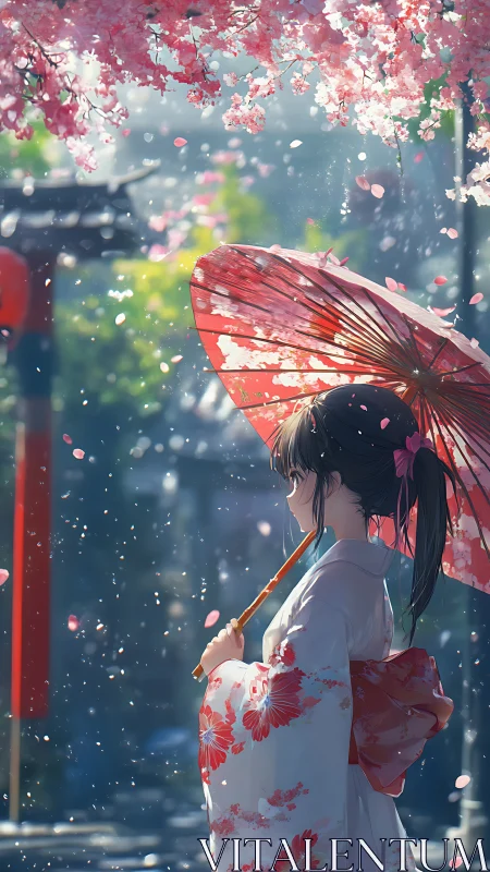 Girl beneath sakura rain with scarlet umbrella hushes spring.