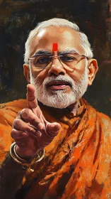 Textured digital portrait of elder man in saffron robes gesturing