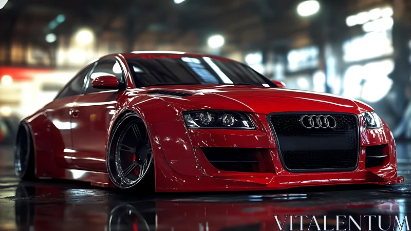 Red modified coupe is parked indoors under diffused lighting