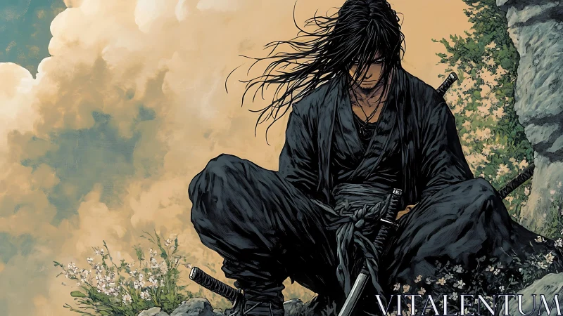 Solitary samurai rests in wildflowers beneath stormy skies