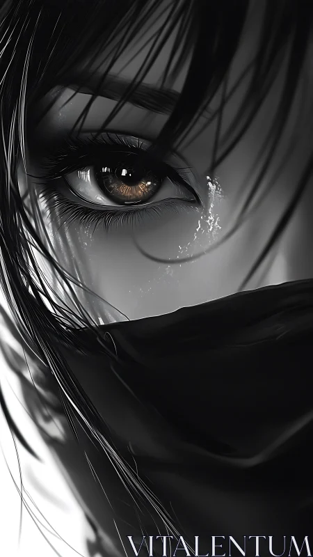 Close cropped digital portrait of masked eye in grayscale.