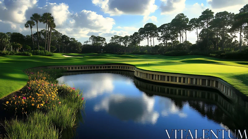 Golf course pond with palm trees under partly cloudy sky.
