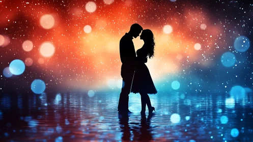 Silhouetted couple kiss beneath glowing bokeh lights