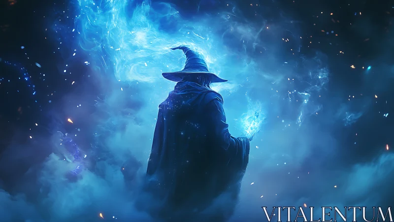 Digital painting of arcane wizard in blue ethereal storm.