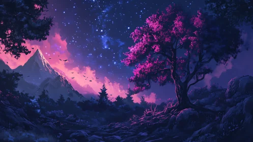 Mountain landscape with magenta tree under star field.