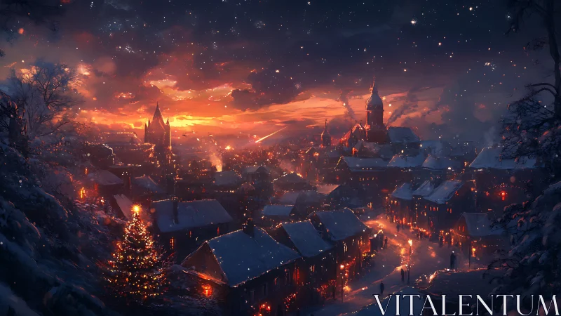 Snowy Christmas town glows warmly beneath a fiery sunset sky