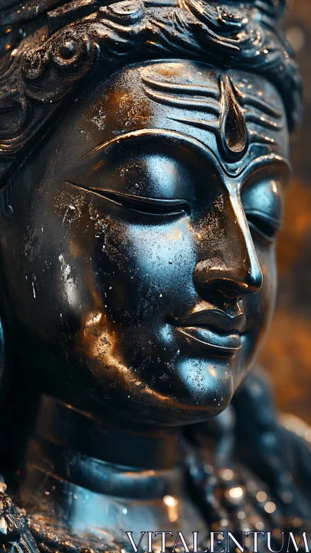 Serene bronze deity sculpture glows in soft warm light