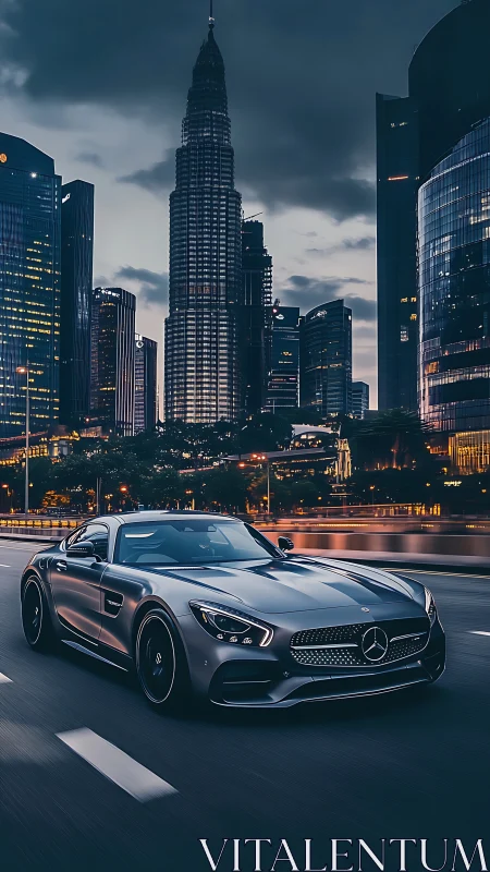Sleek silver sports car gliding through the night city.