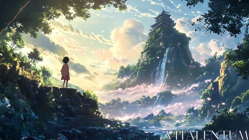 Child observer surveys misty mountain temple in luminous dusk