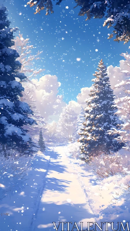 High-latitude winter corridor with volumetric snow illumination.